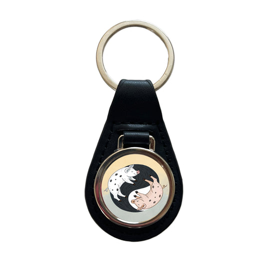 Two Pigs Yin Yang Sweet Black Leather Metal Keychain