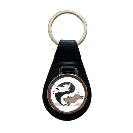 Two Pigs Yin Yang Black Leather Metal Keychain