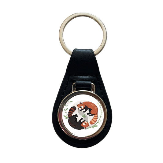 Two Red Pandas Yin Yang Cute Black Leather Metal Keychain
