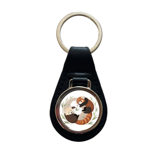 Two Red Pandas Yin Yang Black Leather Metal Keychain