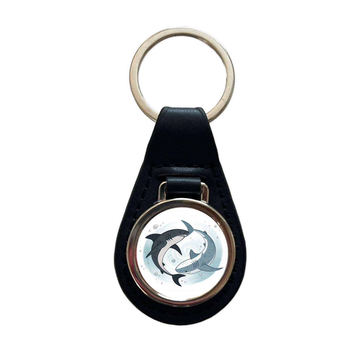 Two Sharks Yin Yang Black Leather Metal Keychain