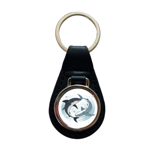 Two Sharks Yin Yang Black Leather Metal Keychain
