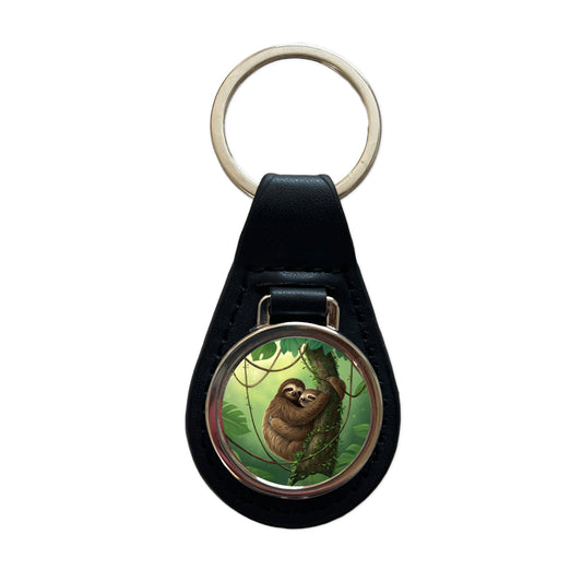Two Sloths Hugging Black Leather Metal Keychain