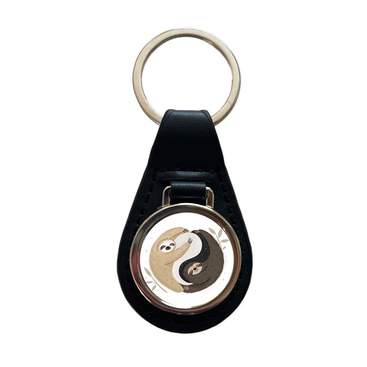Two Sloths Yin Yang Black Leather Metal Keychain