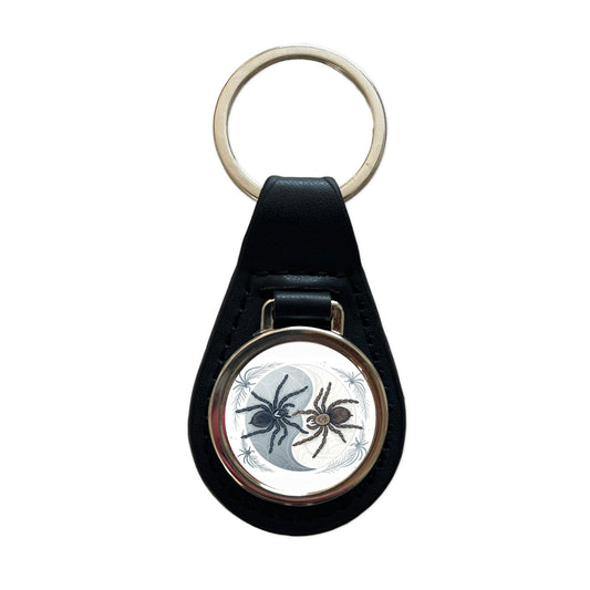 Two Tarantulas Spiders Yin Yang Black Leather Metal Keychain