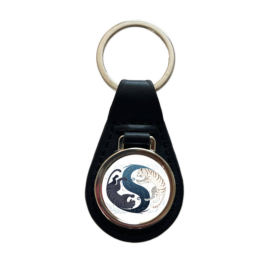 Two Tigers Yin Yang Awesome Black Leather Metal Keychain