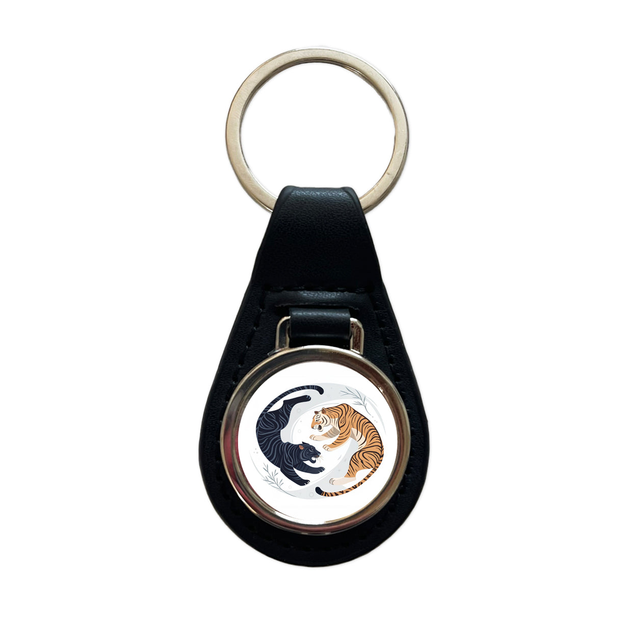 Two Tigers Yin Yang Illustration Black Leather Metal Keychain