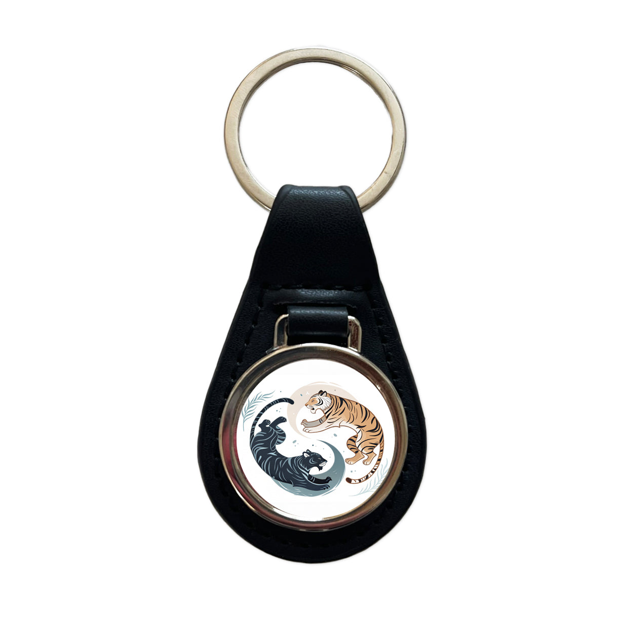 Two Tigers Yin Yang Orange Dark Black Leather Metal Keychain