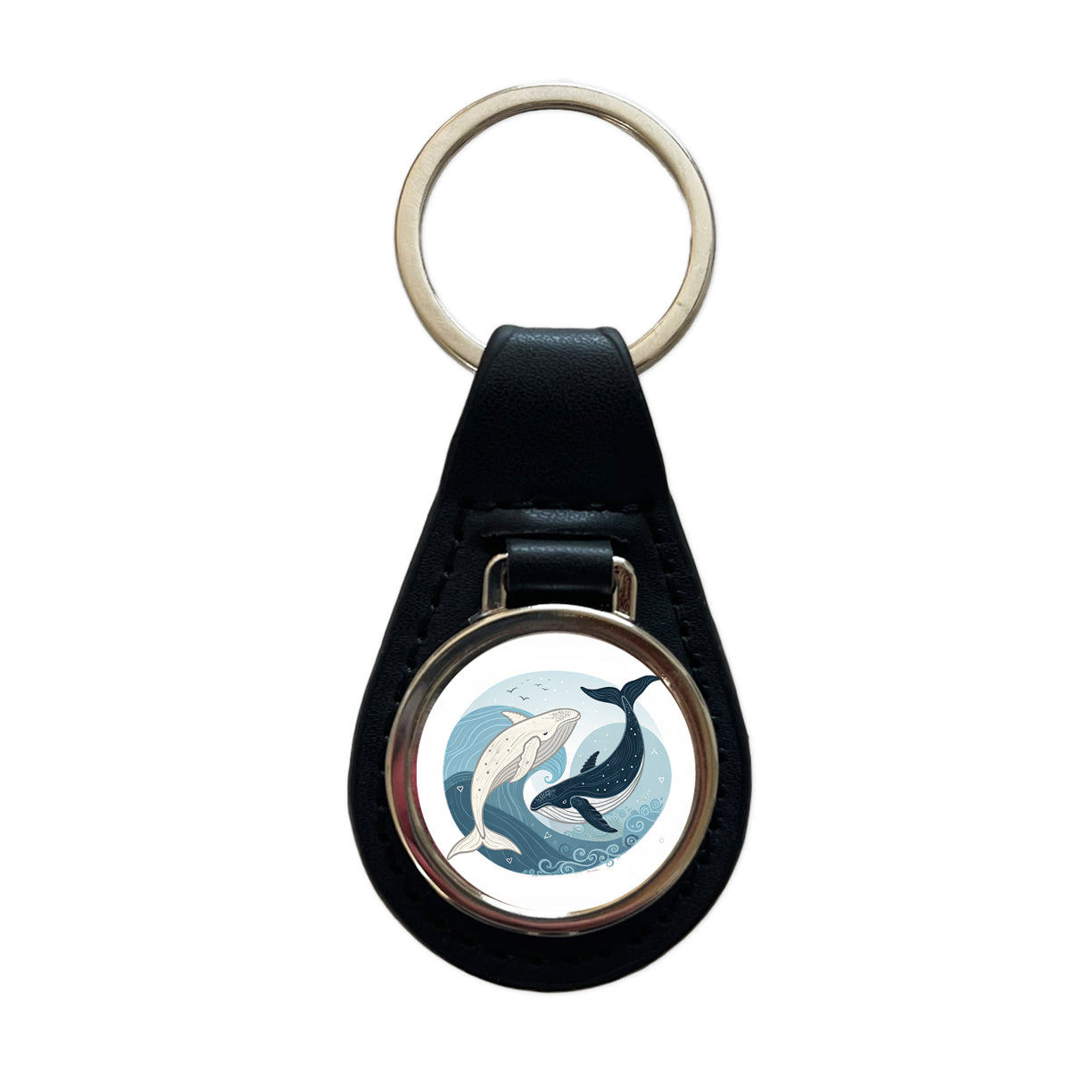 Two Whales Yin Yang Black Leather Metal Keychain