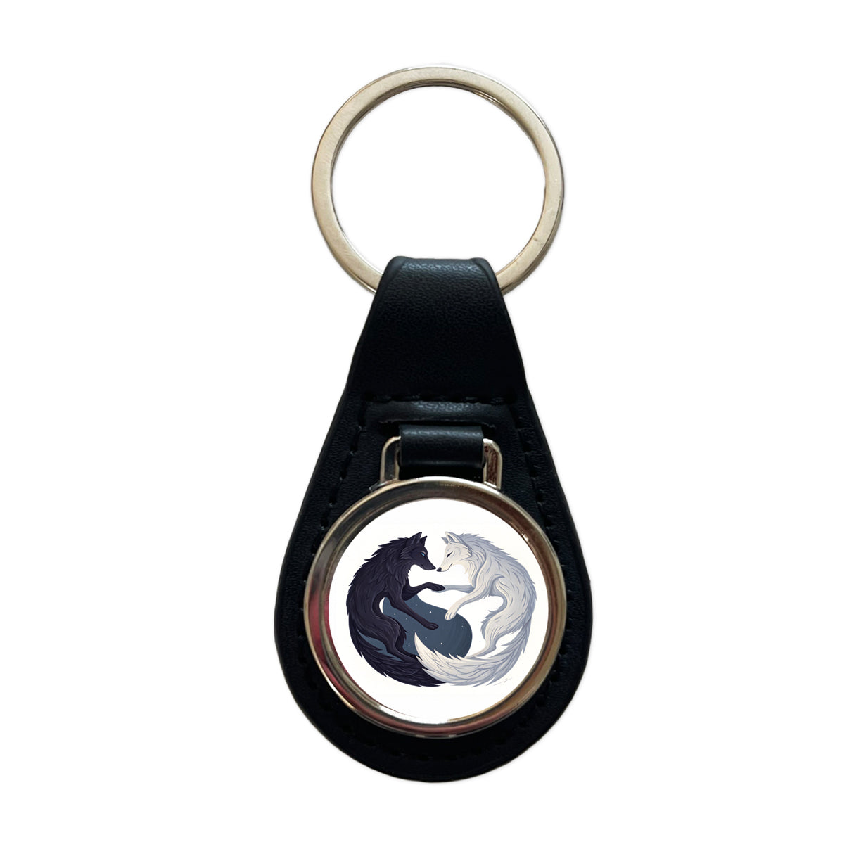 Two Wolves Yin Yang Black White Black Leather Metal Keychain