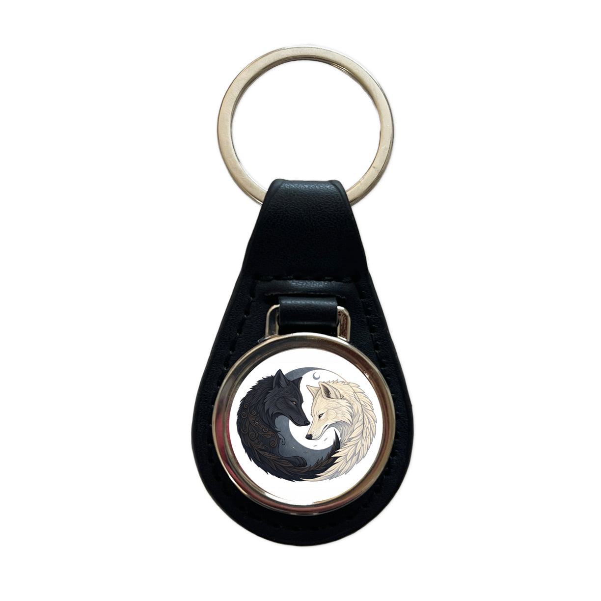 Two Wolves Yin Yang Black Leather Metal Keychain