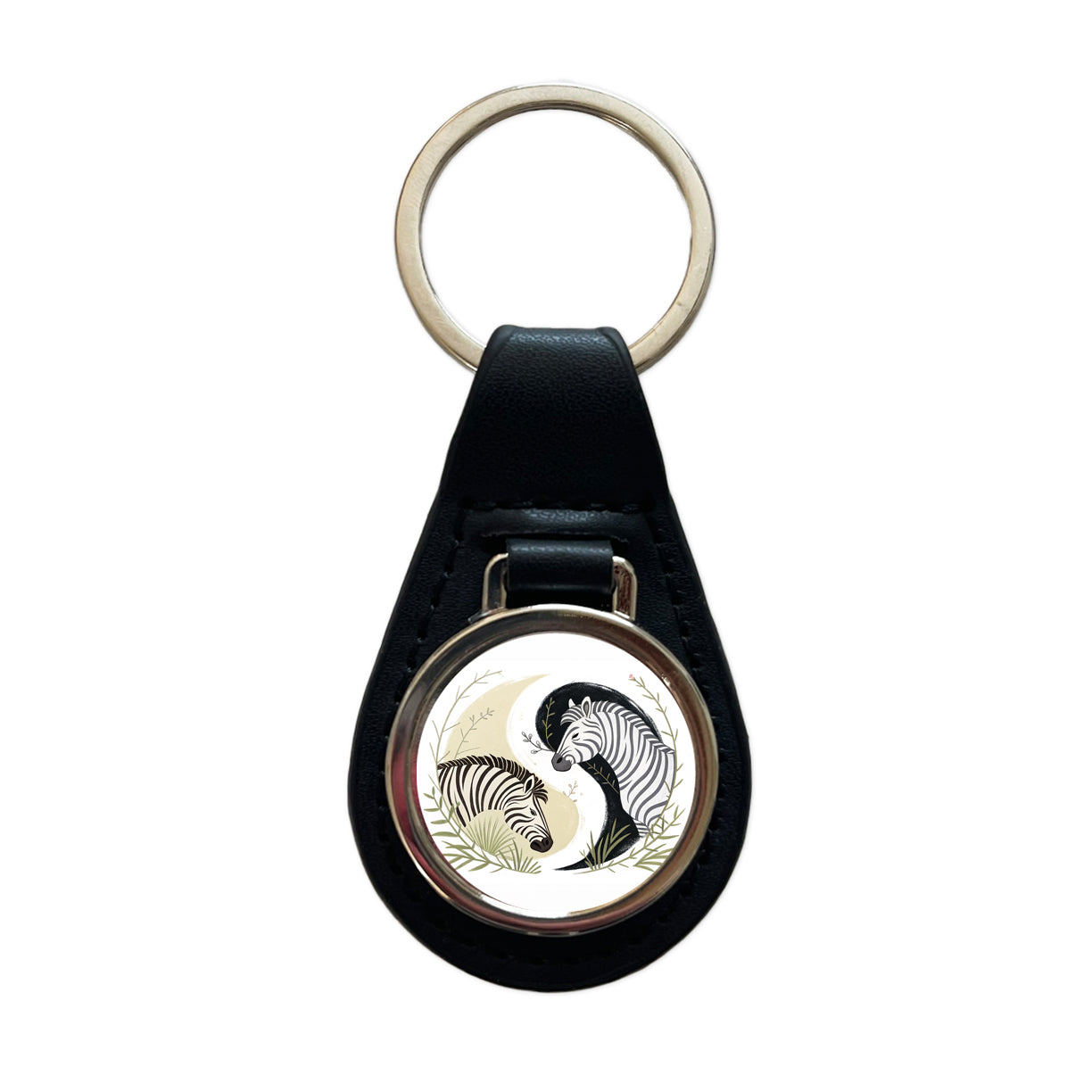 Two Zebras Yin Yang Black Leather Metal Keychain