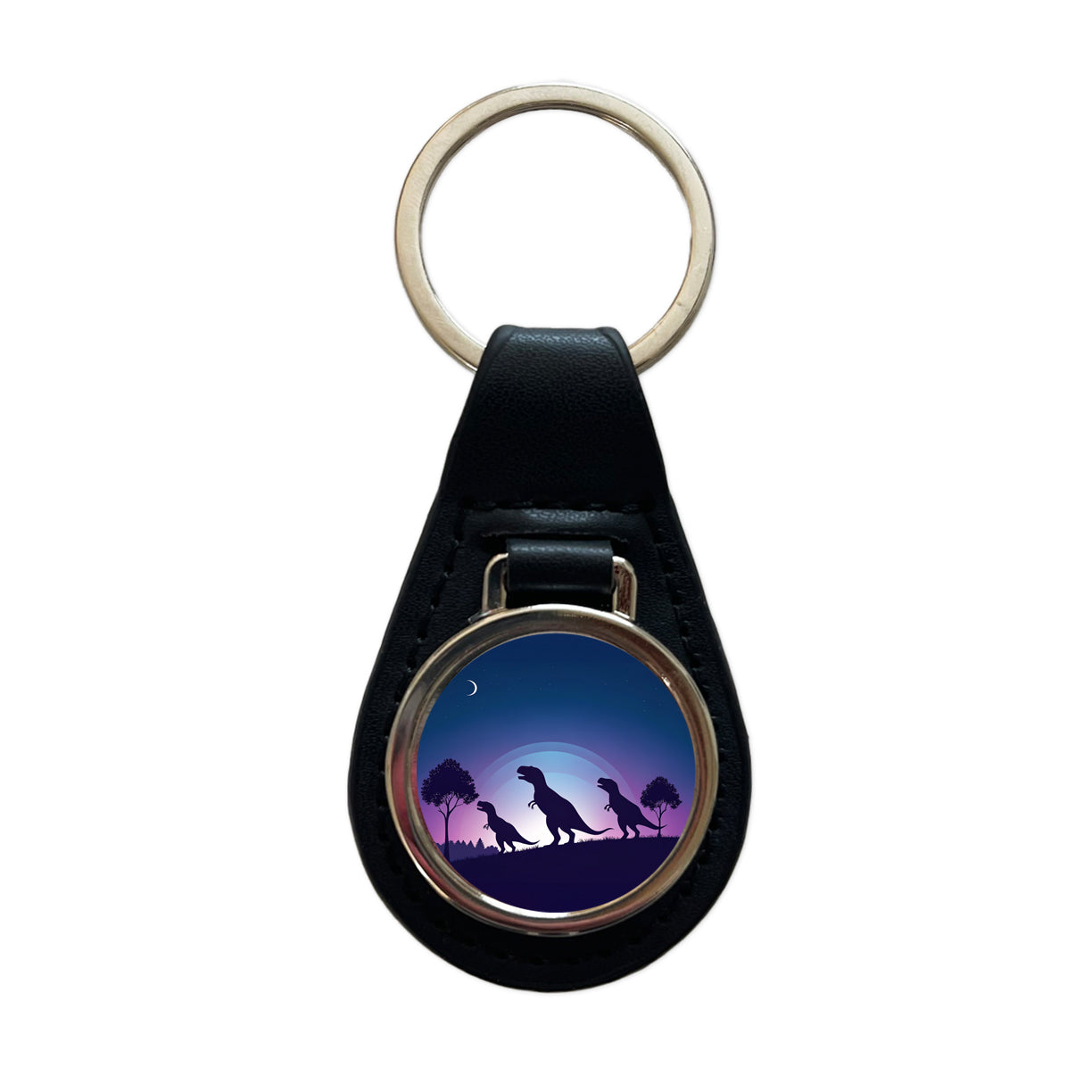 Tyrannosaurus T-Rex Dinosaur Silhouettes Black Leather Metal Keychain