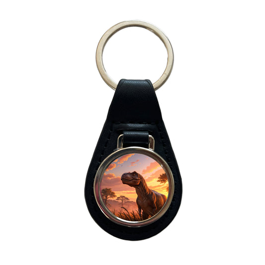 Tyrannosaurus T-Rex Dinosaur Sunset Sky Black Leather Metal Keychain