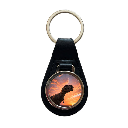 Tyrannosaurus T-Rex Dinosaur Sunset Sunrise Black Leather Metal Keychain