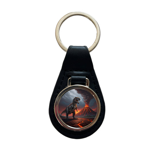 Tyrannosaurus T-Rex Dinosaur Volcano Erupting Black Leather Metal Keychain
