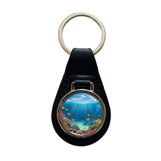 Underwater Reef Scene Tropical Fish Ocean Black Leather Metal Keychain