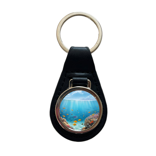 Underwater Scene Tropical Fish Ocean Black Leather Metal Keychain
