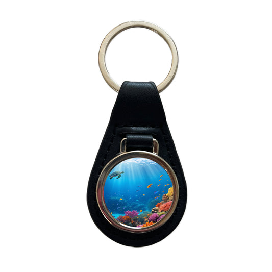 Underwater Scene Tropical Turtle Fish Coral Ocean Black Leather Metal Keychain
