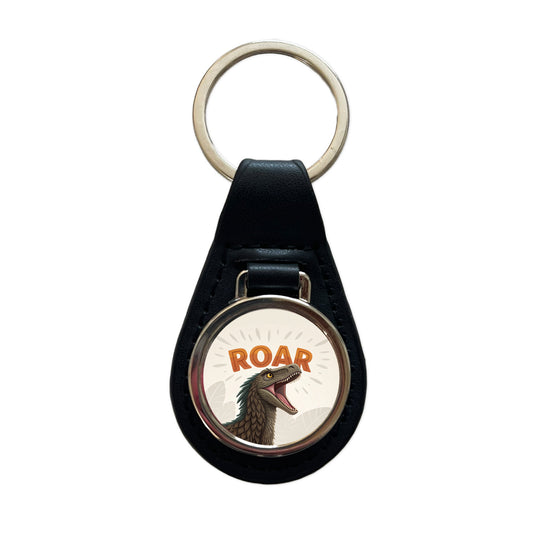 Velociraptor Roar Bold Dinosaur Black Leather Metal Keychain