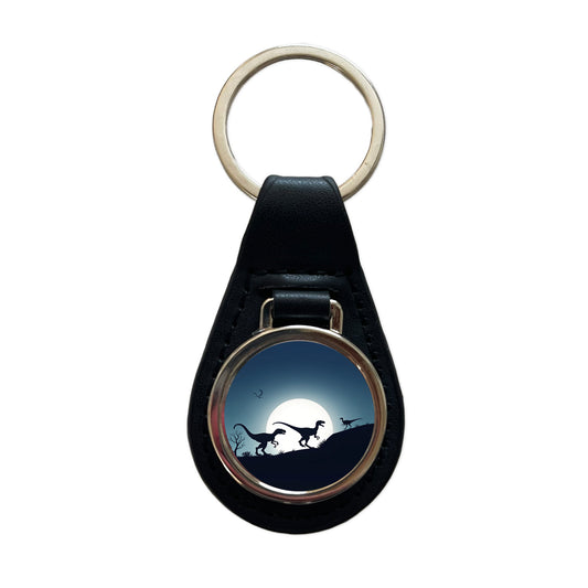 Velociraptor Silhouettes Dinosaurs Black Leather Metal Keychain