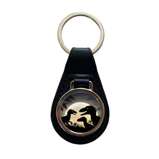 Velociraptor Silhouettes Night Dinosaur Black Leather Metal Keychain