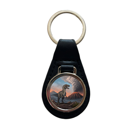 Velociraptor Volcano Dinosaur Black Leather Metal Keychain