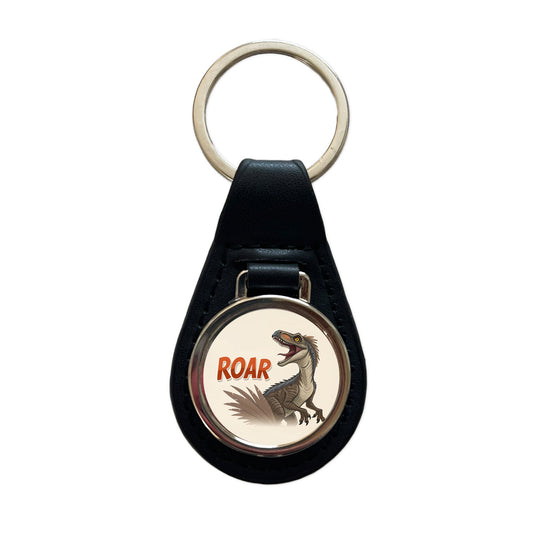 Velociraptor With Roar Dinosaur Black Leather Metal Keychain