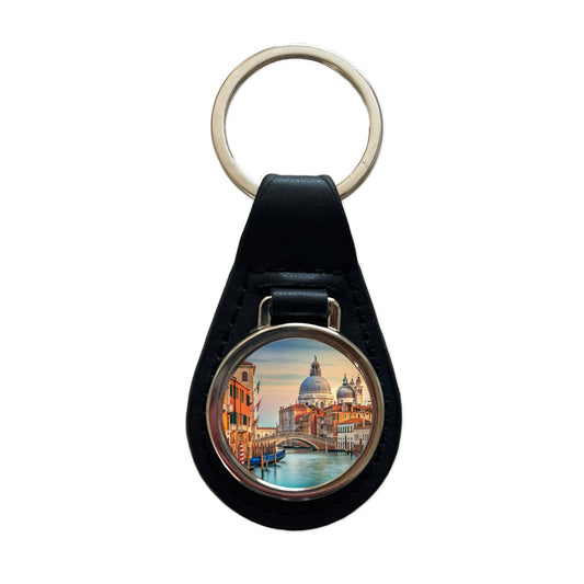 Venice Italy Canal Travel Black Leather Metal Keychain