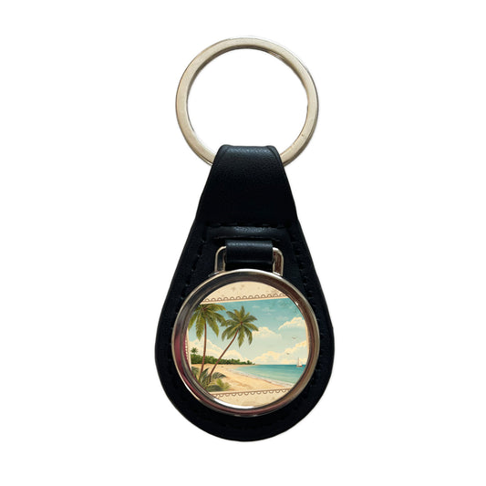Vintage Beach Postcard Tropical Black Leather Metal Keychain