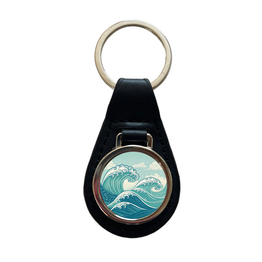 Vintage Ocean Waves Drawing Black Leather Metal Keychain
