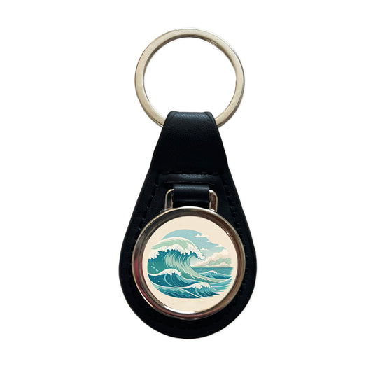 Vintage Ocean Waves Black Leather Metal Keychain