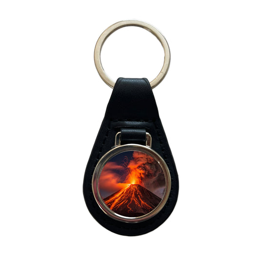 Volcano Erupting At Night Lava Black Leather Metal Keychain