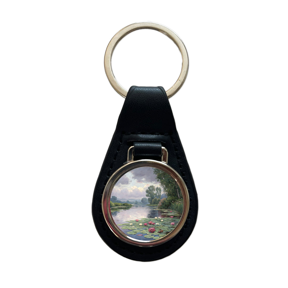 Water Lilies By Claude Monet Inspired Black Leather Metal Keychain