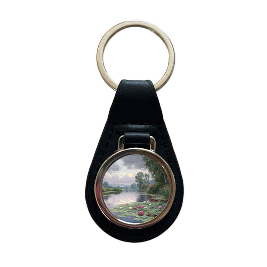 Water Lilies By Claude Monet Inspired Black Leather Metal Keychain