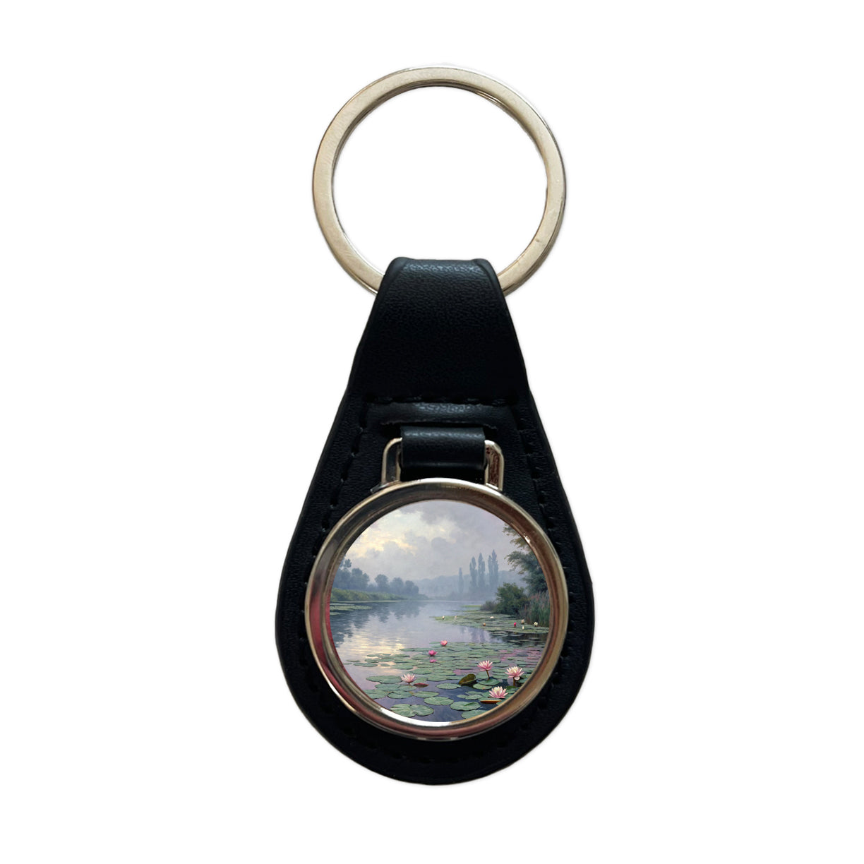 Water Lilies Inspired By Claude Monet Beautiful Black Leather Metal Keychain