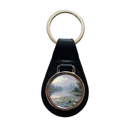 Water Lilies Inspired By Claude Monet Beautiful Black Leather Metal Keychain