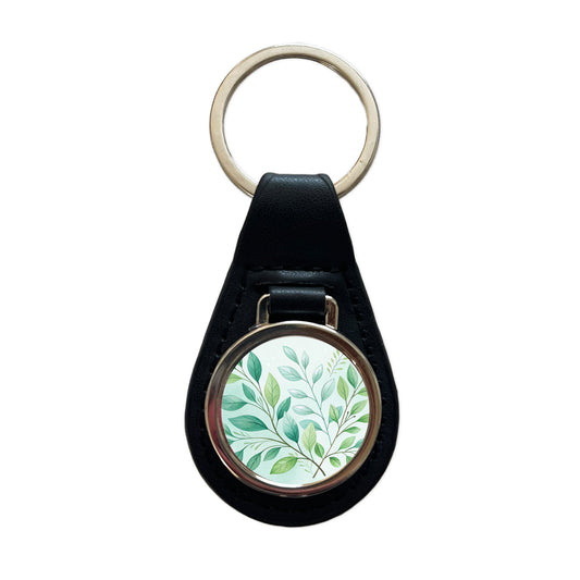 Watercolor Green Leaves And Branches Minimalist Black Leather Metal Keychain