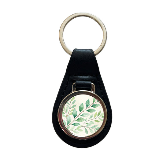 Watercolor Green Leaves And Branches Black Leather Metal Keychain