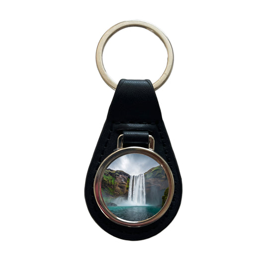 Waterfall Beautiful Black Leather Metal Keychain
