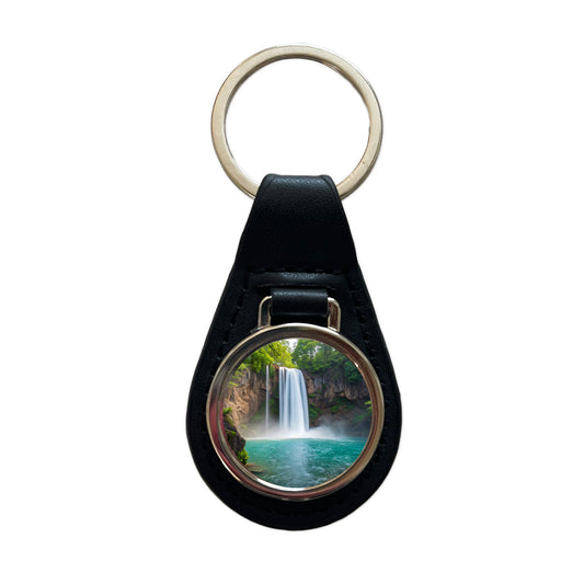 Waterfalls Stunning Black Leather Metal Keychain