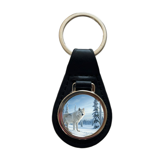 Wolf In Snow Scene Beautiful Black Leather Metal Keychain