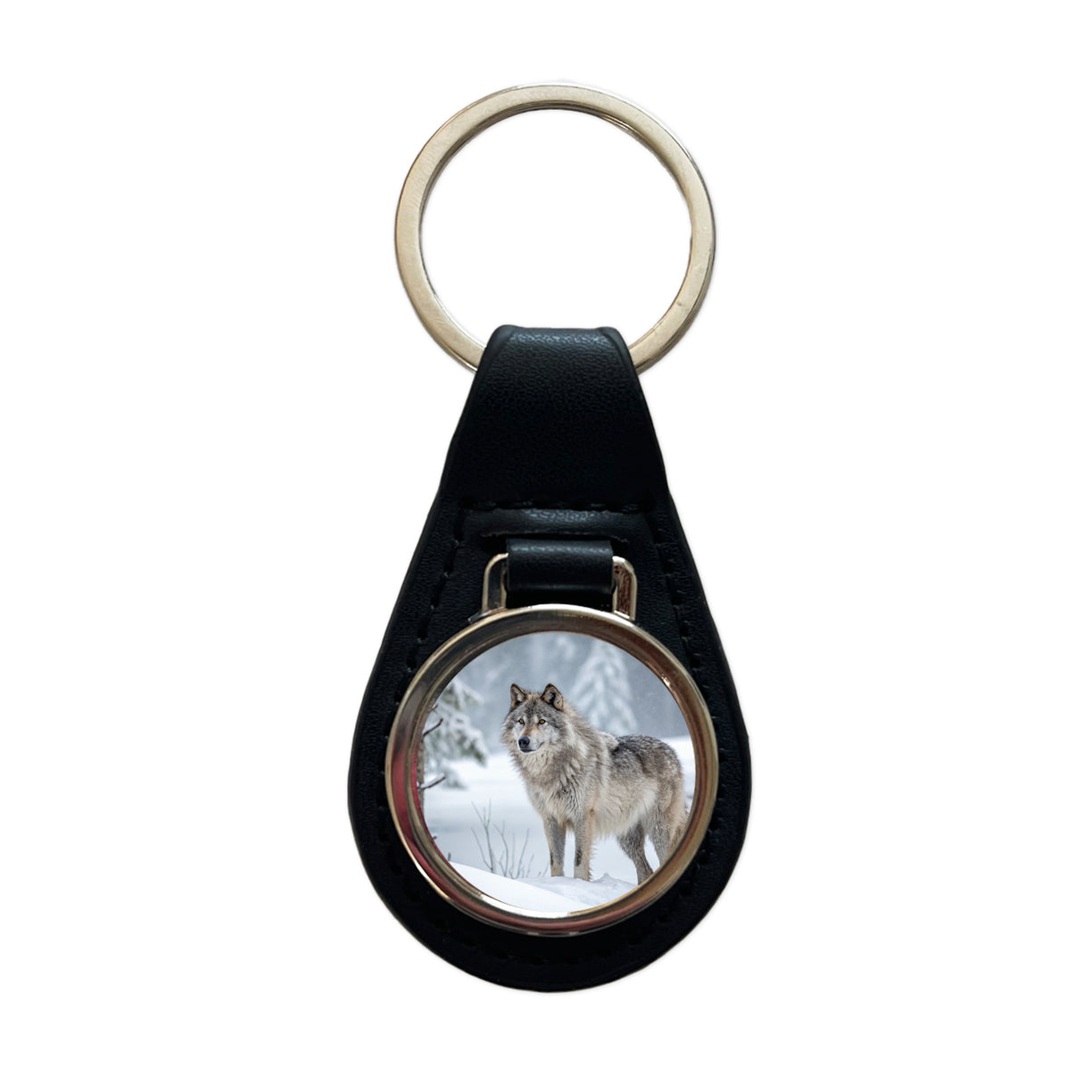 Wolf In Snow Scene Stunning Black Leather Metal Keychain