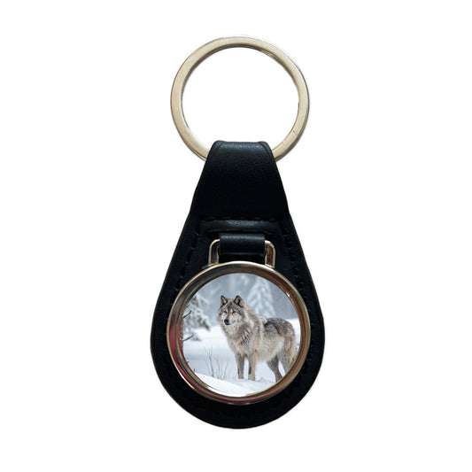 Wolf In Snow Scene Stunning Black Leather Metal Keychain