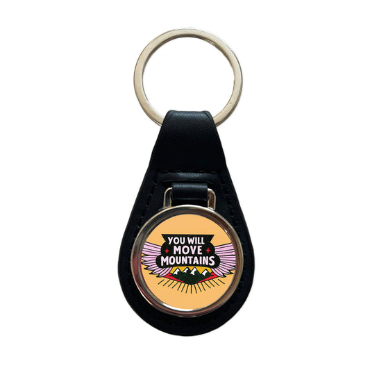 You Will Move Mountains Inspirational Black Leather Metal Keychain