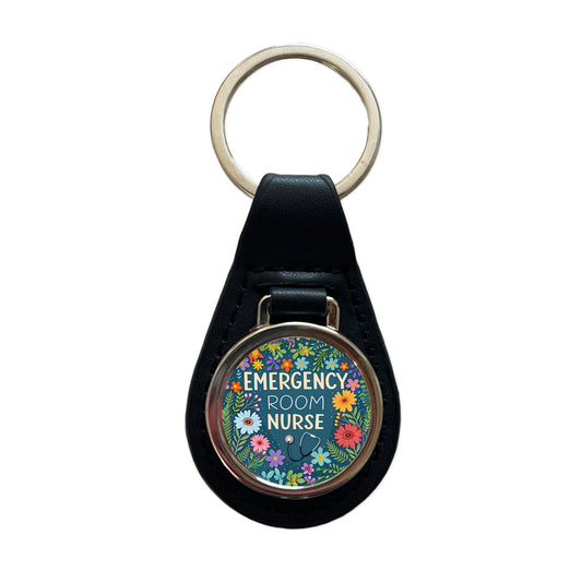 Emergency Room Nurse Appreciation Stethoscope Flowers Black Leather Metal Keychain