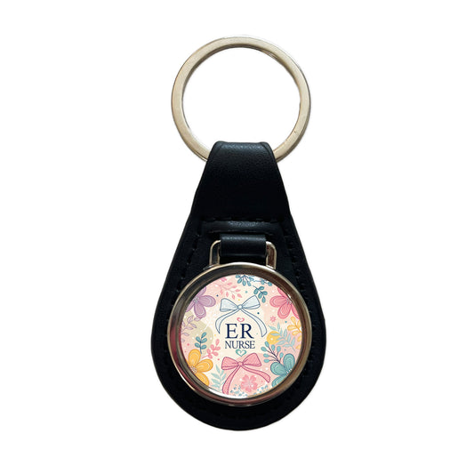ER Emergency Room Nurse Appreciation Coquette Bows Flowers Black Leather Metal Keychain