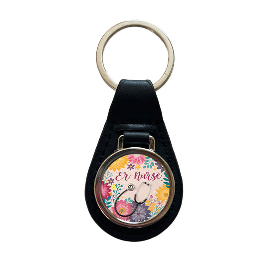 ER Emergency Room Nurse Appreciation Stethoscope Flowers Black Leather Metal Keychain