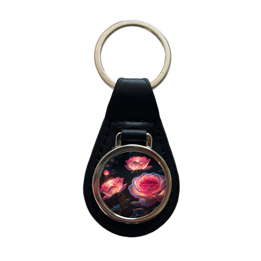 Glowing Pink Roses Beautiful Flowers Black Leather Metal Keychain
