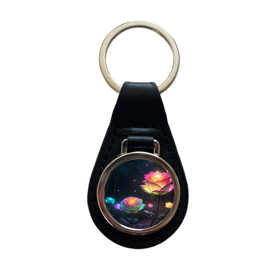 Glowing Roses Beautiful Flowers Black Leather Metal Keychain